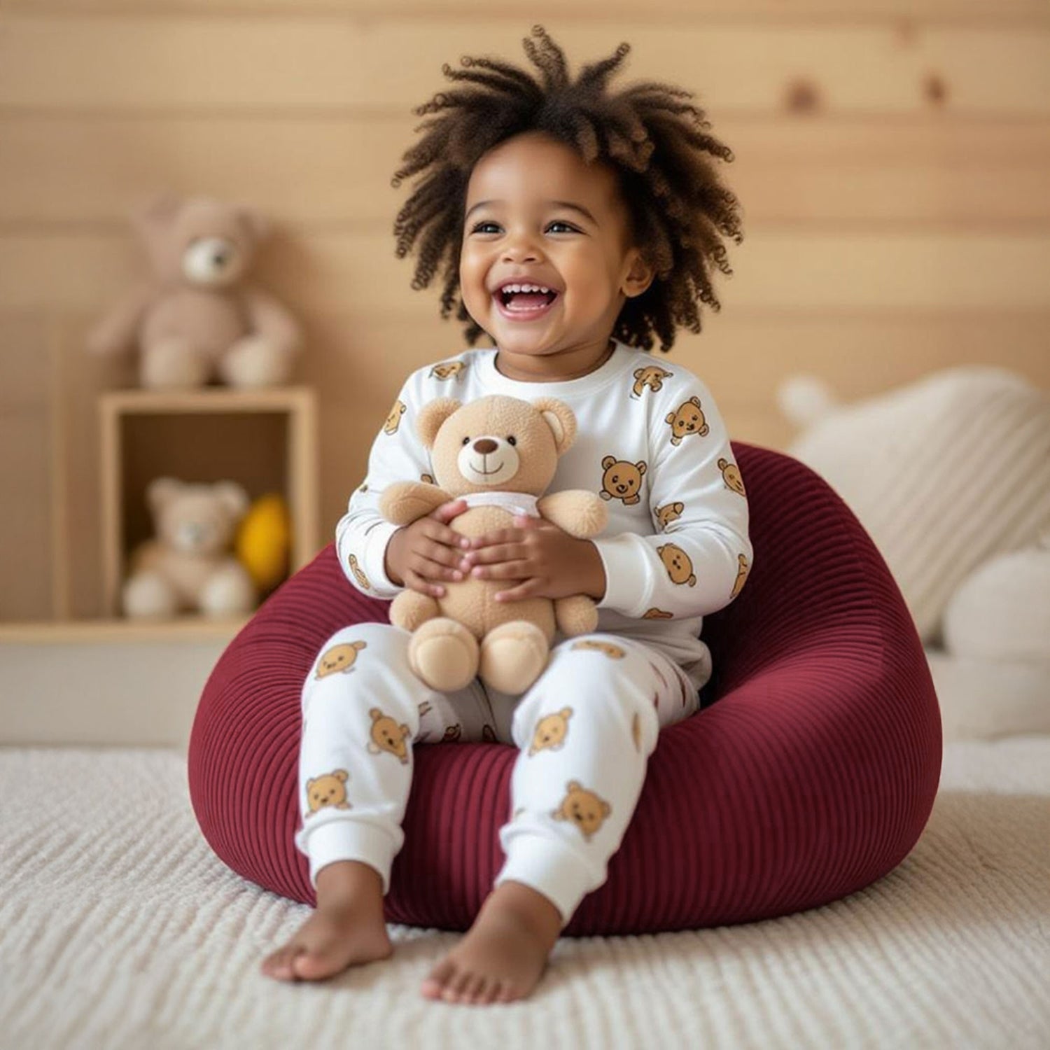 Pouf a pera per bambini in velluto coste ciliegia