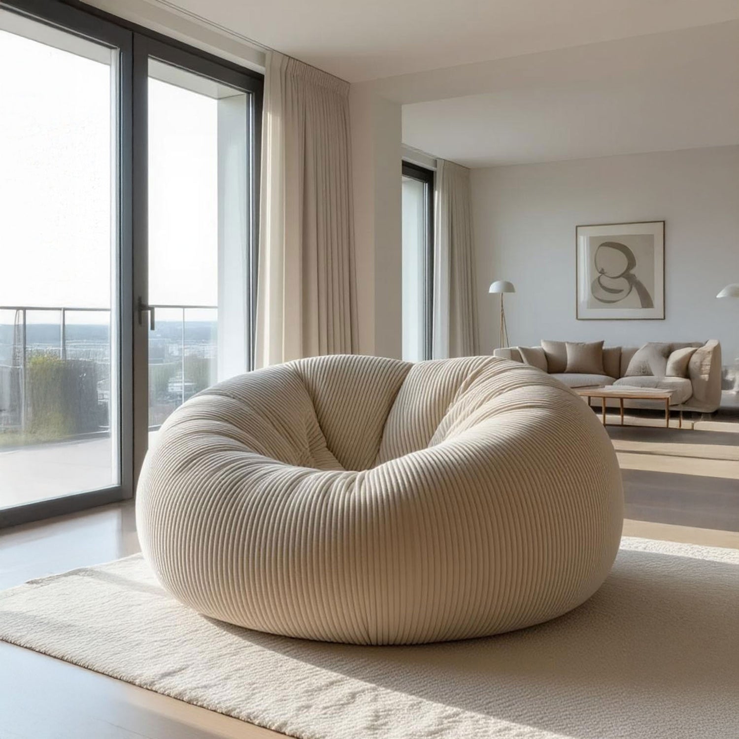 Riesiger runder XXL Samt Cord Pouf Beige