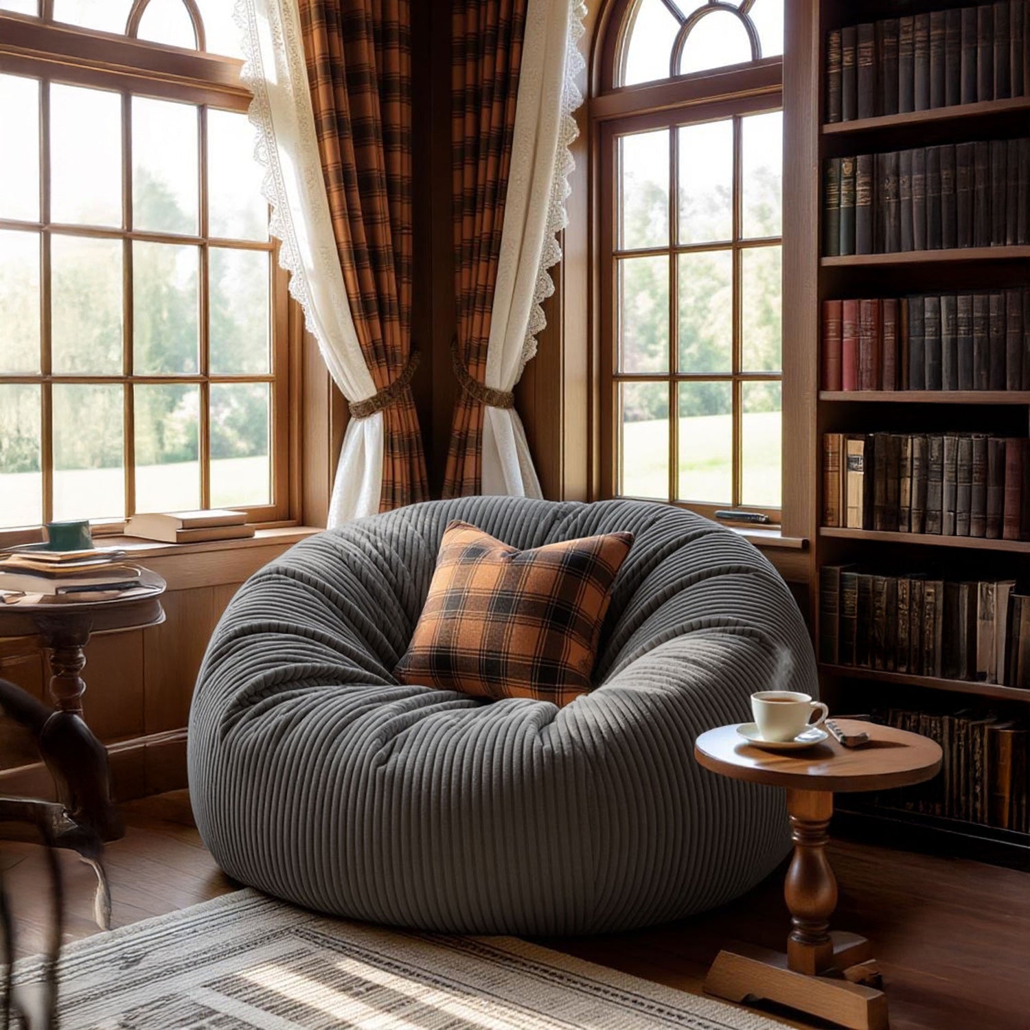 Riesiger runder XXL Samt Cord Pouf Grau