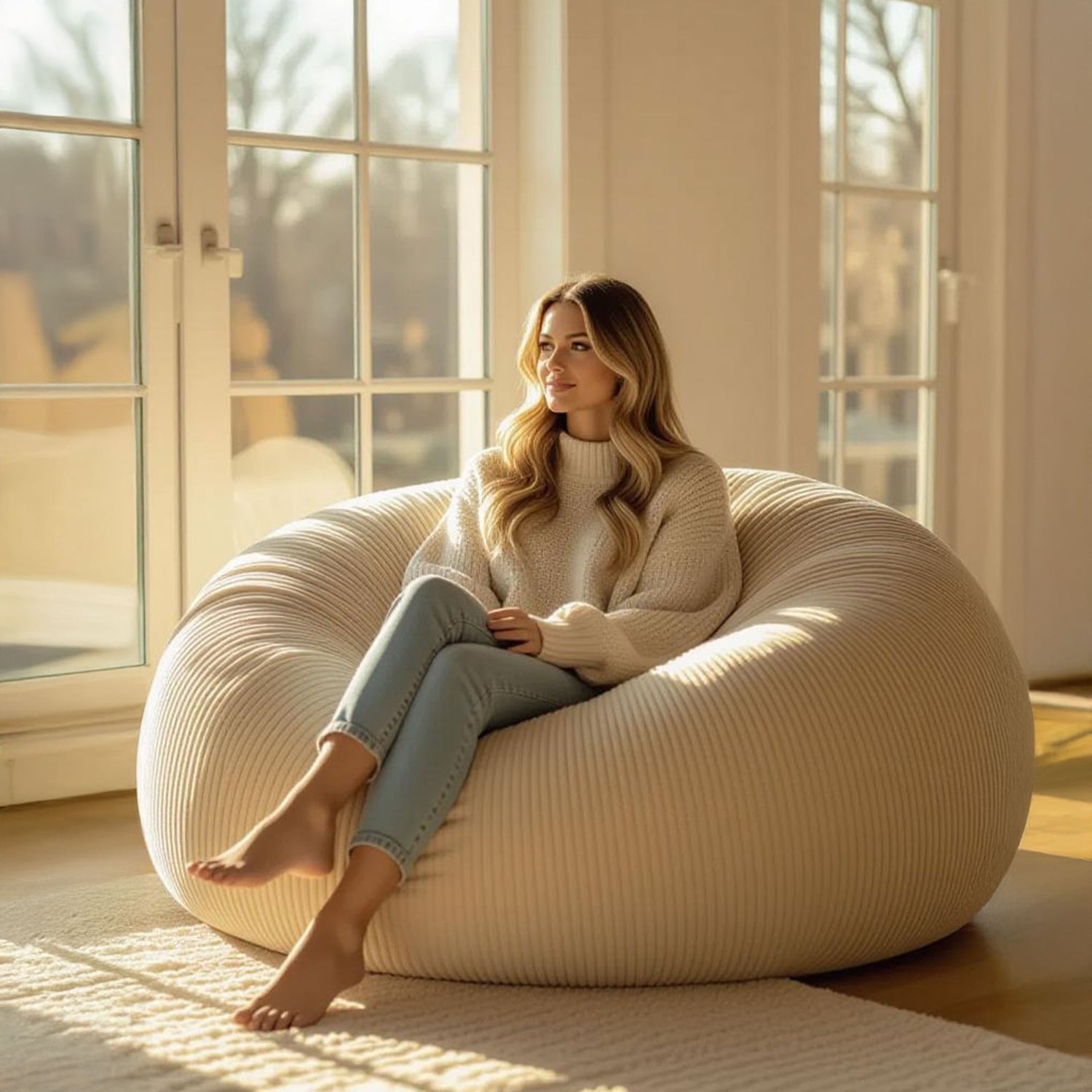 Riesiger runder XXL Samt Cord Pouf Beige