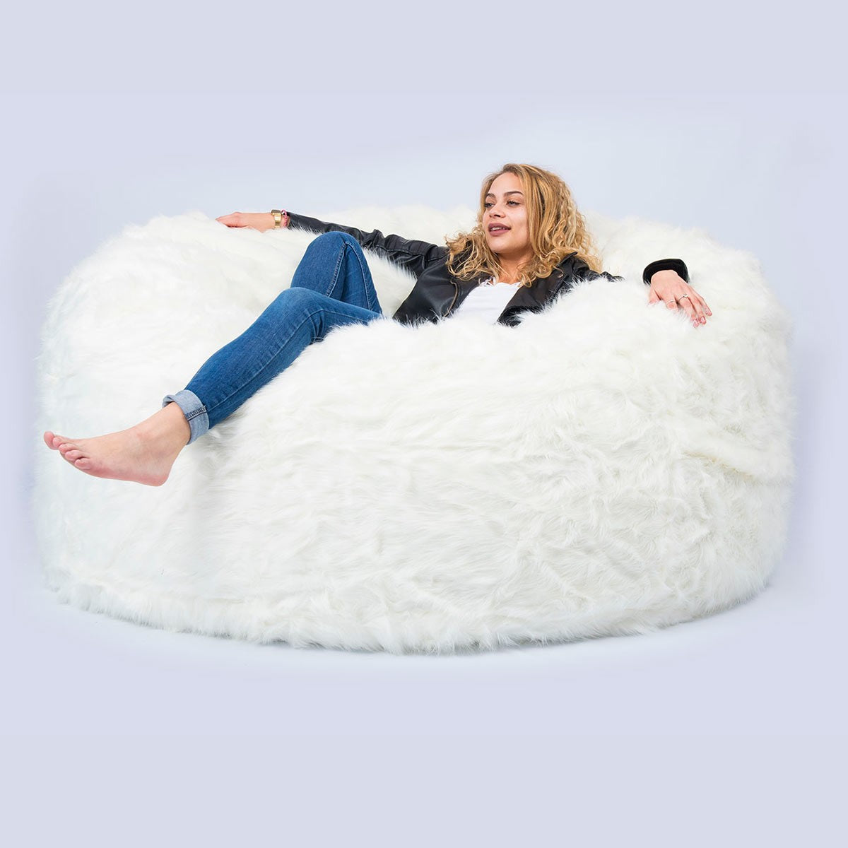 Empty Cover Round Pouf XXL Long Hair Fur White