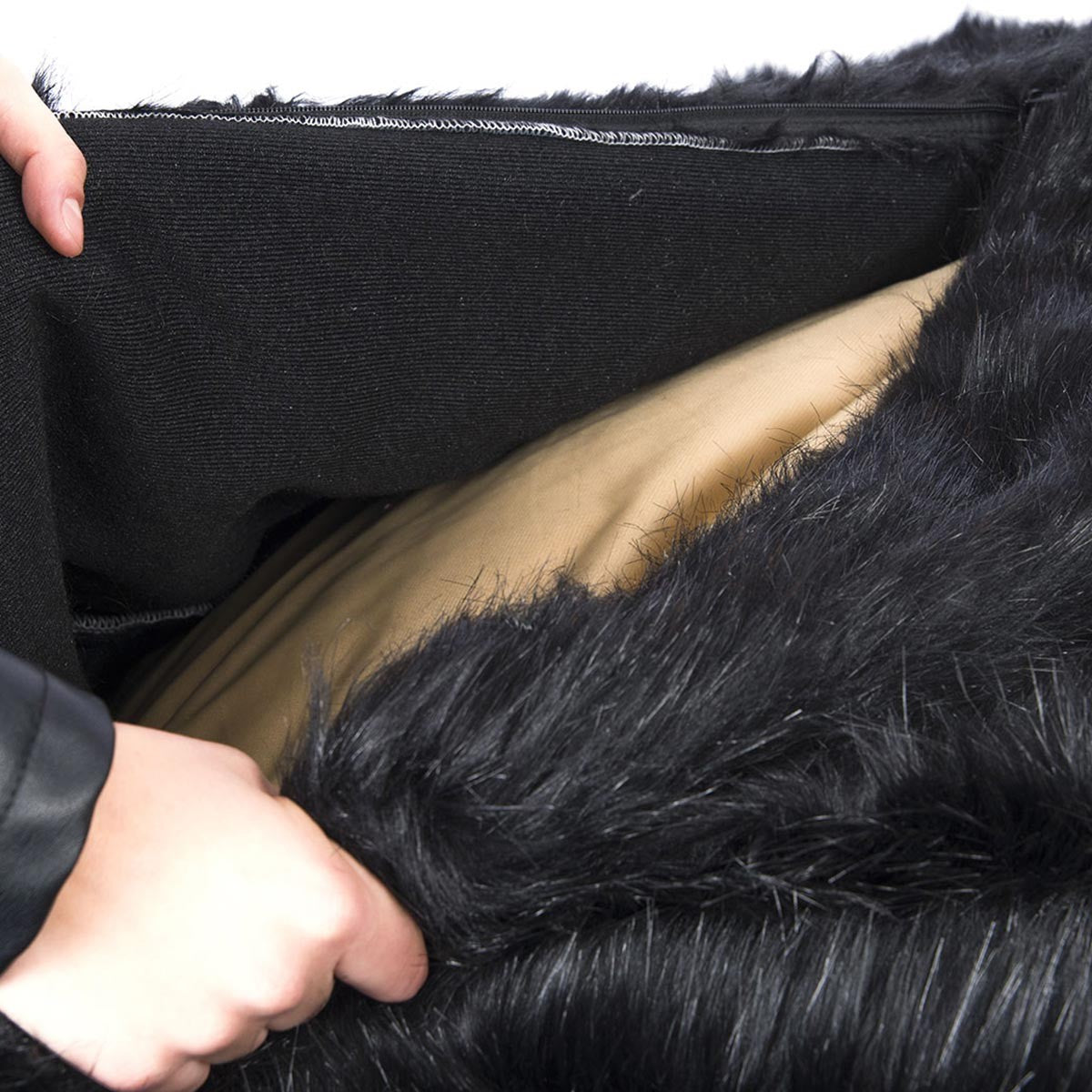 XL Round Armchair Pouf Long Hair Fur Black