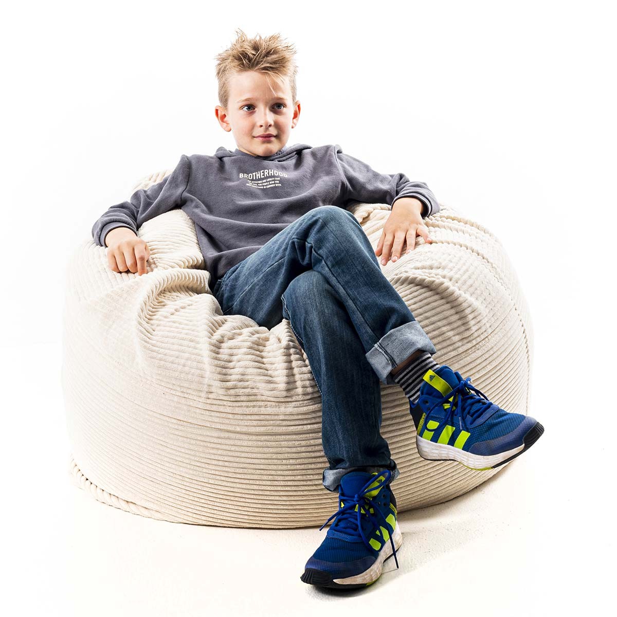 Riesiger runder XL-Samt-Pouf in Beige mit Rippenstruktur