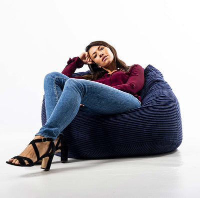 Riesiger runder XL-Samt-Pouf in Marineblau mit Kordelung