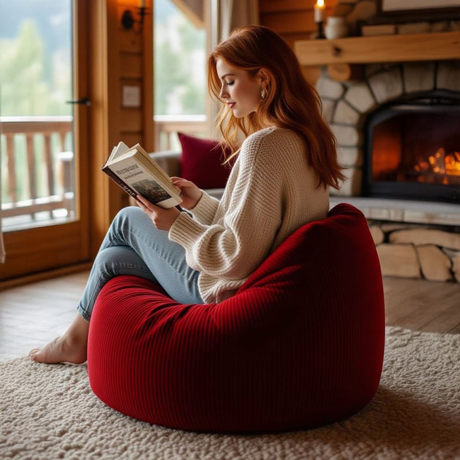 Samt Cord Pouf Sitzsack Rot