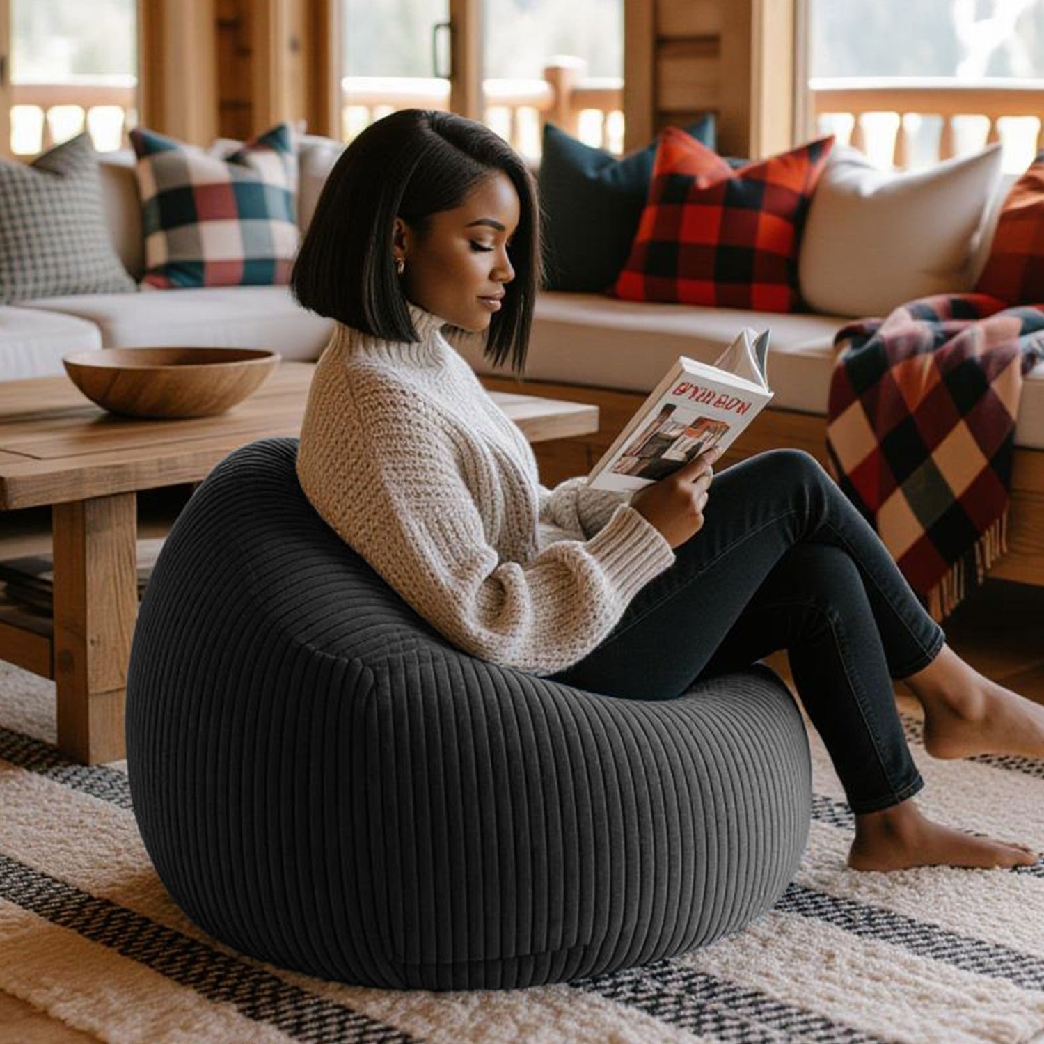 Samt Cordgrauer Sitzsack Pouf