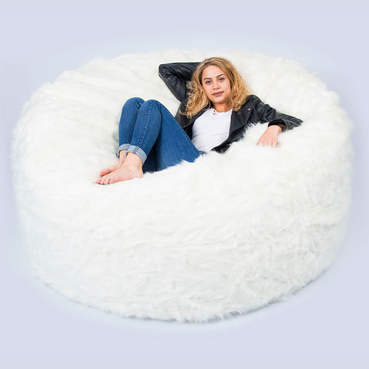Empty Cover Round Pouf XXL Long Hair Fur White