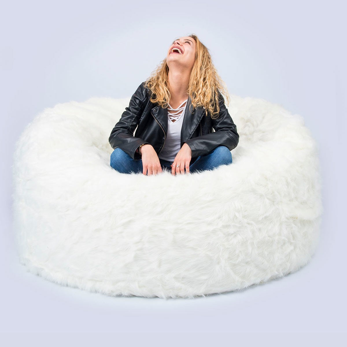 Empty Cover Round Pouf XXL Long Hair Fur White