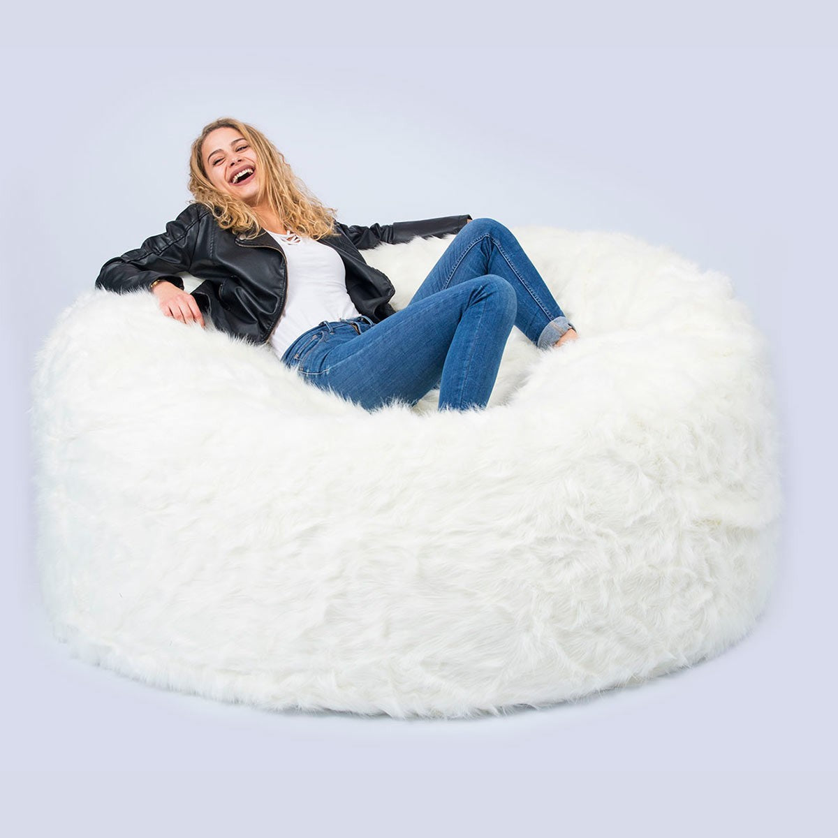 Empty Cover Round Pouf XXL Long Hair Fur White