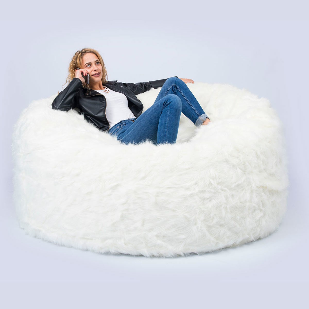 Empty Cover Round Pouf XXL Long Hair Fur White