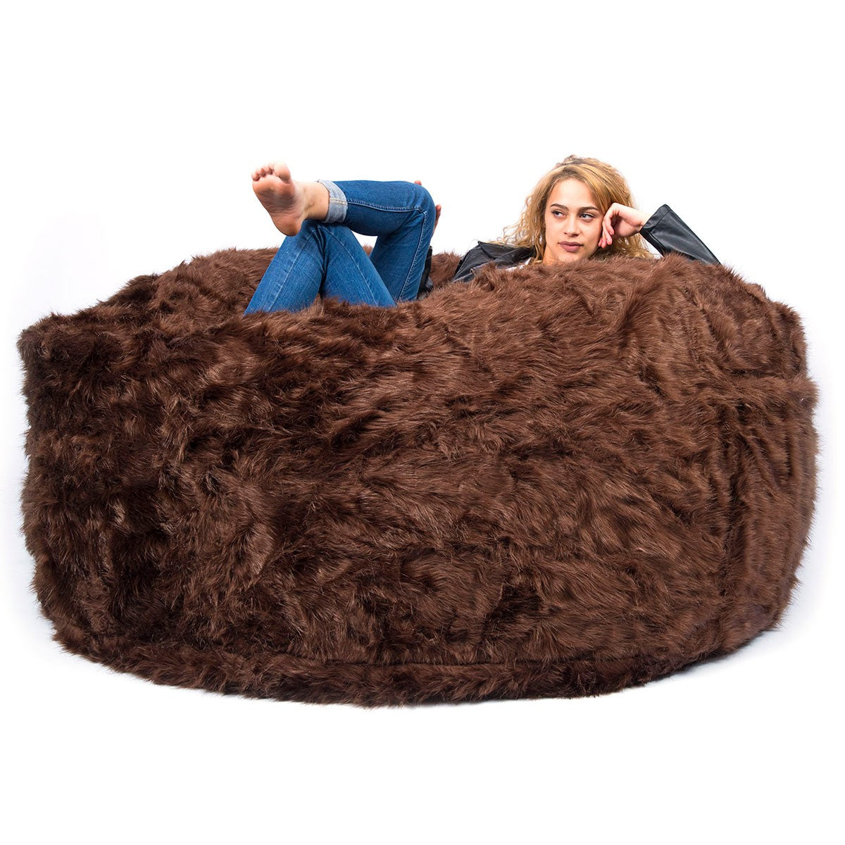 Giant Round XXL Brown Fur Pouf