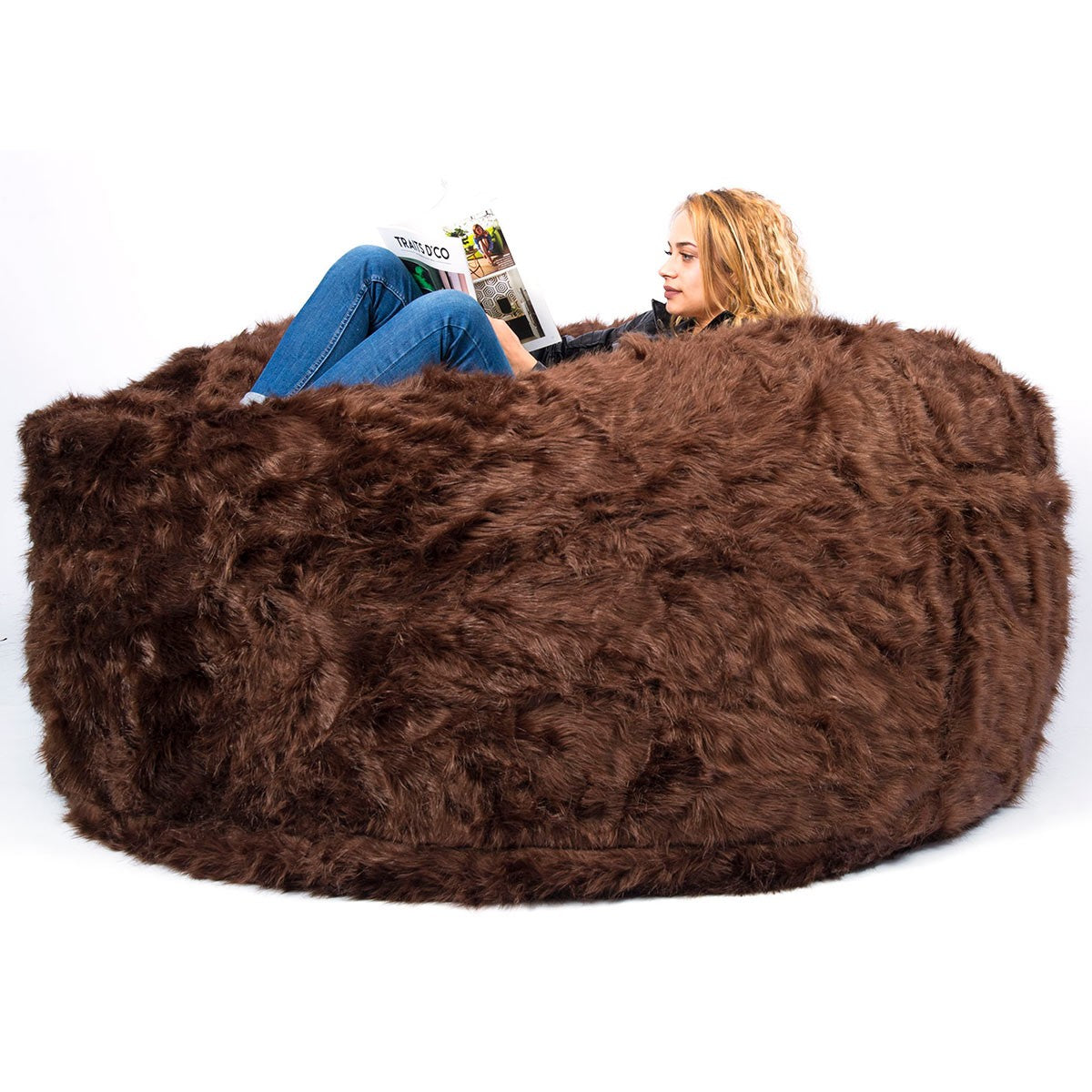 Giant Round XXL Brown Fur Pouf