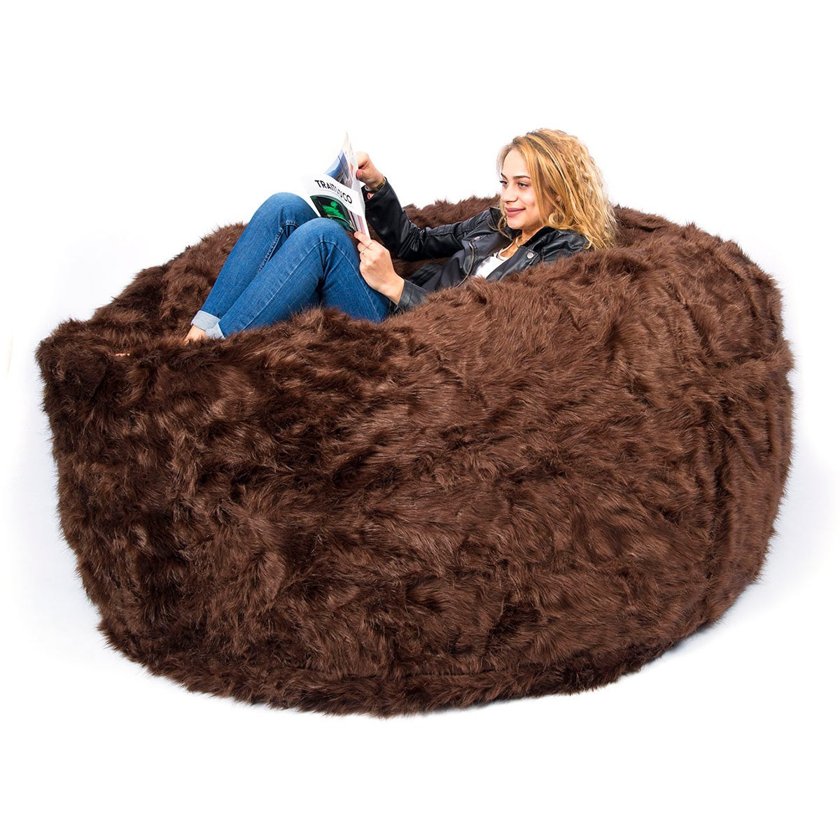 Giant Round XXL Brown Fur Pouf