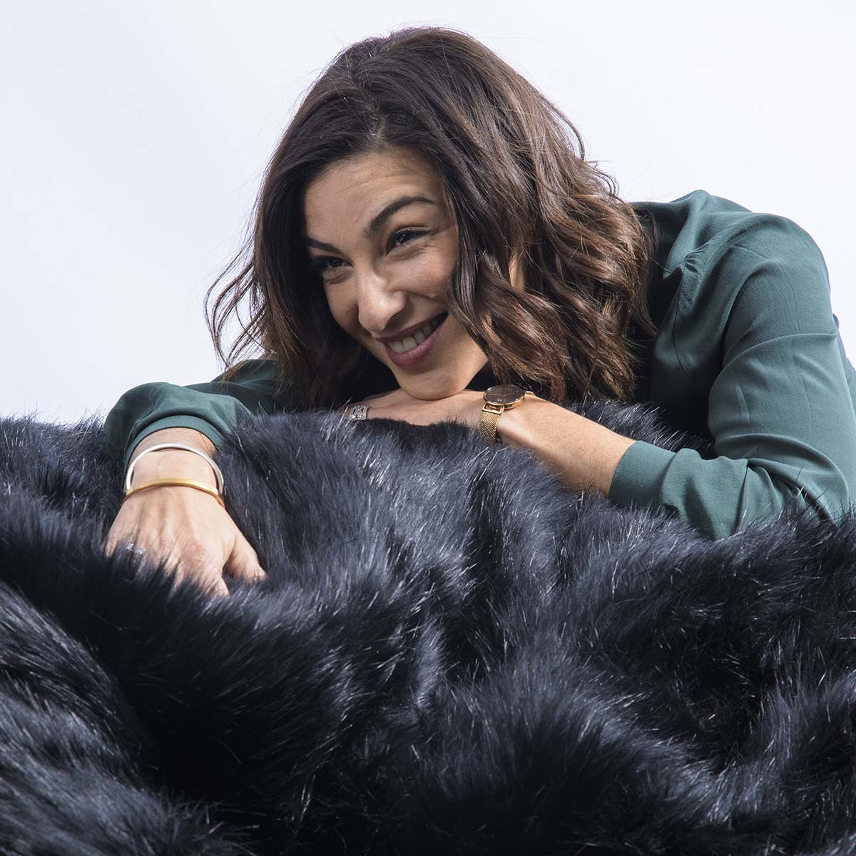 XL Round Armchair Pouf Long Hair Fur Black