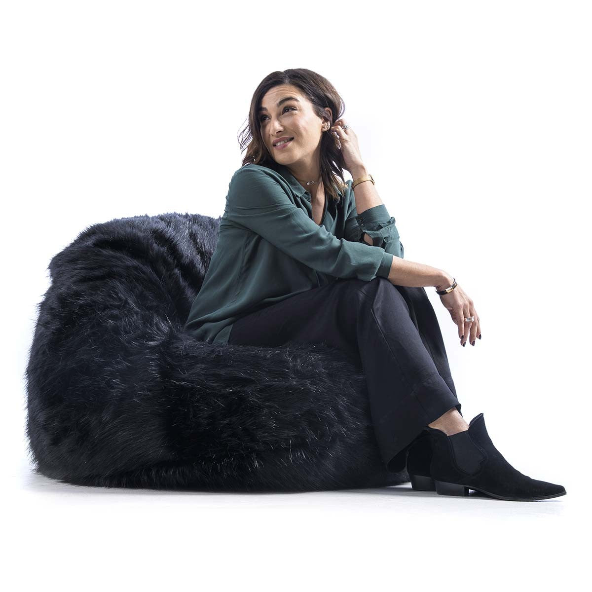 XL Round Armchair Pouf Long Hair Fur Black