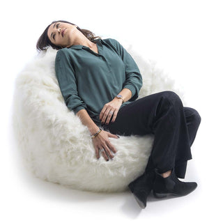 Pouf Round Armchair XL Long Hair Fur White