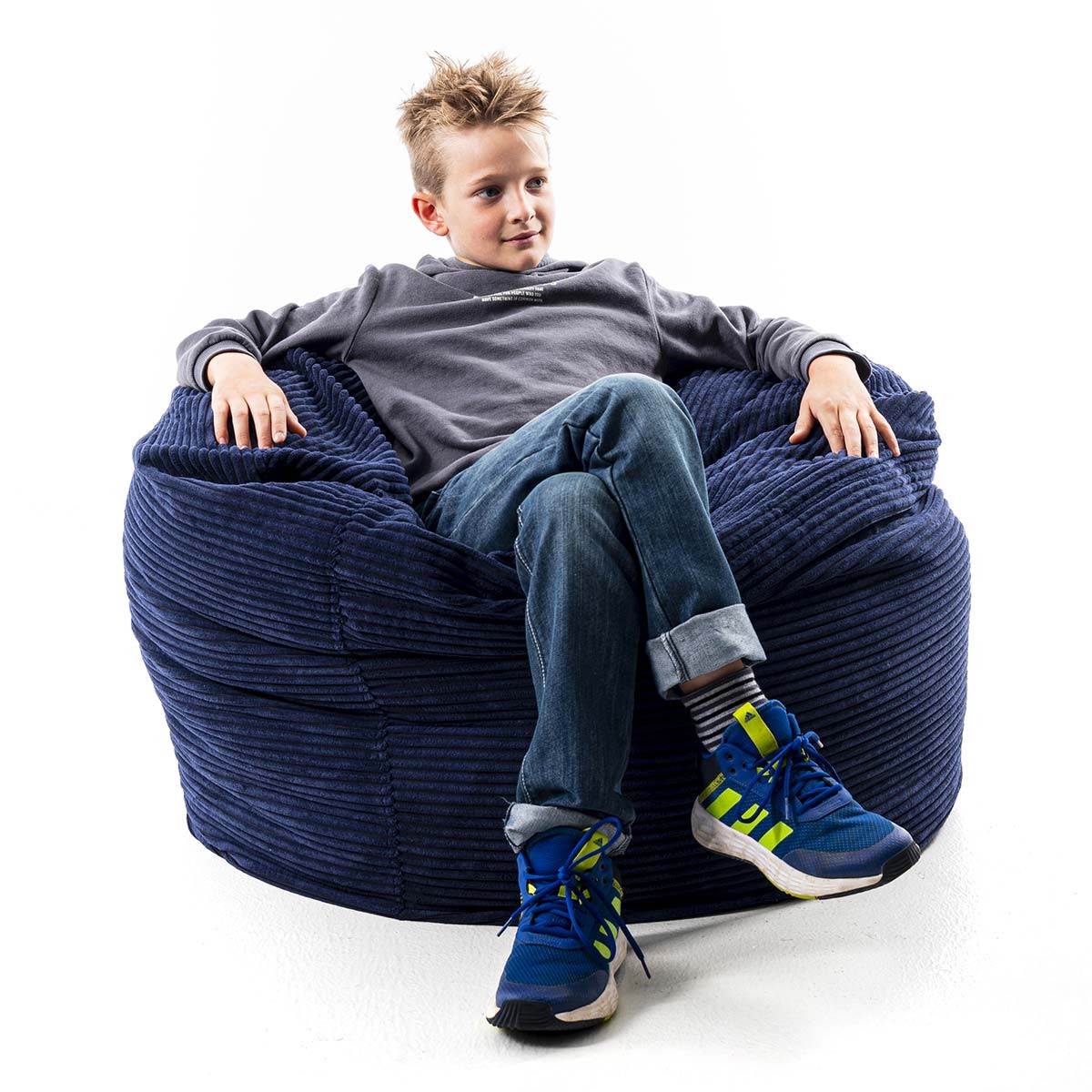 Riesiger runder XL-Samt-Pouf in Marineblau mit Kordelung